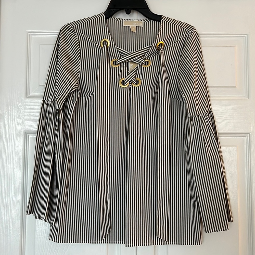 MICHAEL Michael Kors Striped Bell Sleeve Blouse NWT Gray White Gold Cotton Small